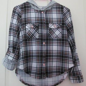 Girls Pink Plaid Flannel Hoodie L (14)